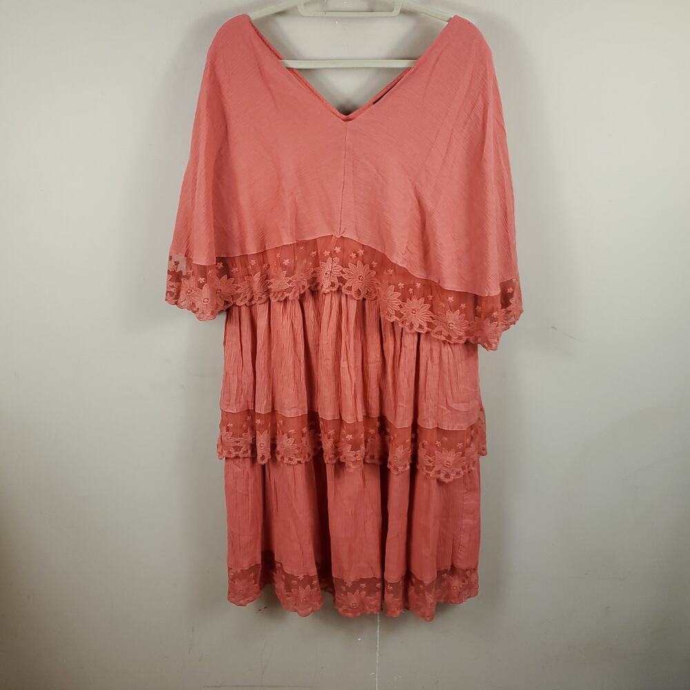 Roaman's Tiered-Lace Crinkle-Knit Gauze Dress in Tropical Melon Size 20W